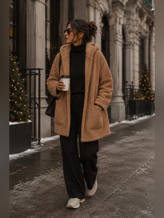 Jackets & Blazers - Camel Teddy Sherpa Hooded Coat Oversized Open Front Fleece Jacket Cozy